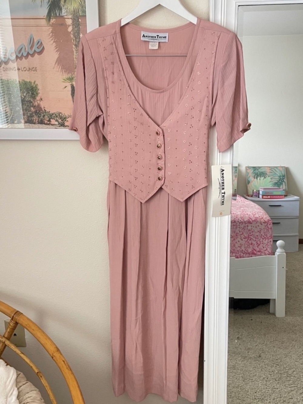 Vintage 80s 90s Another Thyme Tie Back Vest Midi Dress Prairie Deadstock